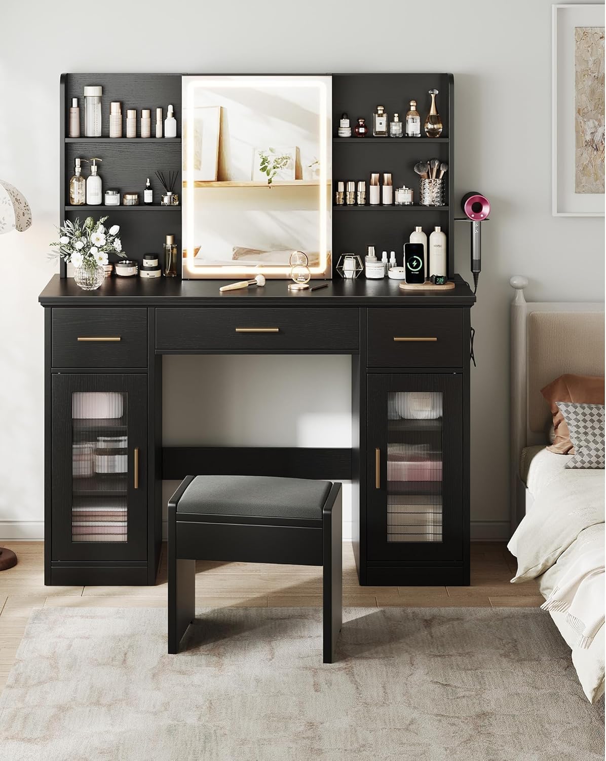 Memobarco Vanity Desk with Mirror and Lights, 43.5" Makeup Vanity with 3 Adjustable Lighting Modes, Large Vanity Desk with Sliding Mirror with 4 Drawers & 2 Cabinets, Power Outlets, Black