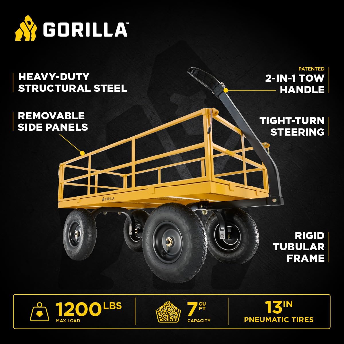 Gorilla Carts Heavy Duty, All Terrain Garden Wheelbarrow, 1200 Lb, Yellow - Gardening Equipment for Yard, Lawn, and Outdoor Use