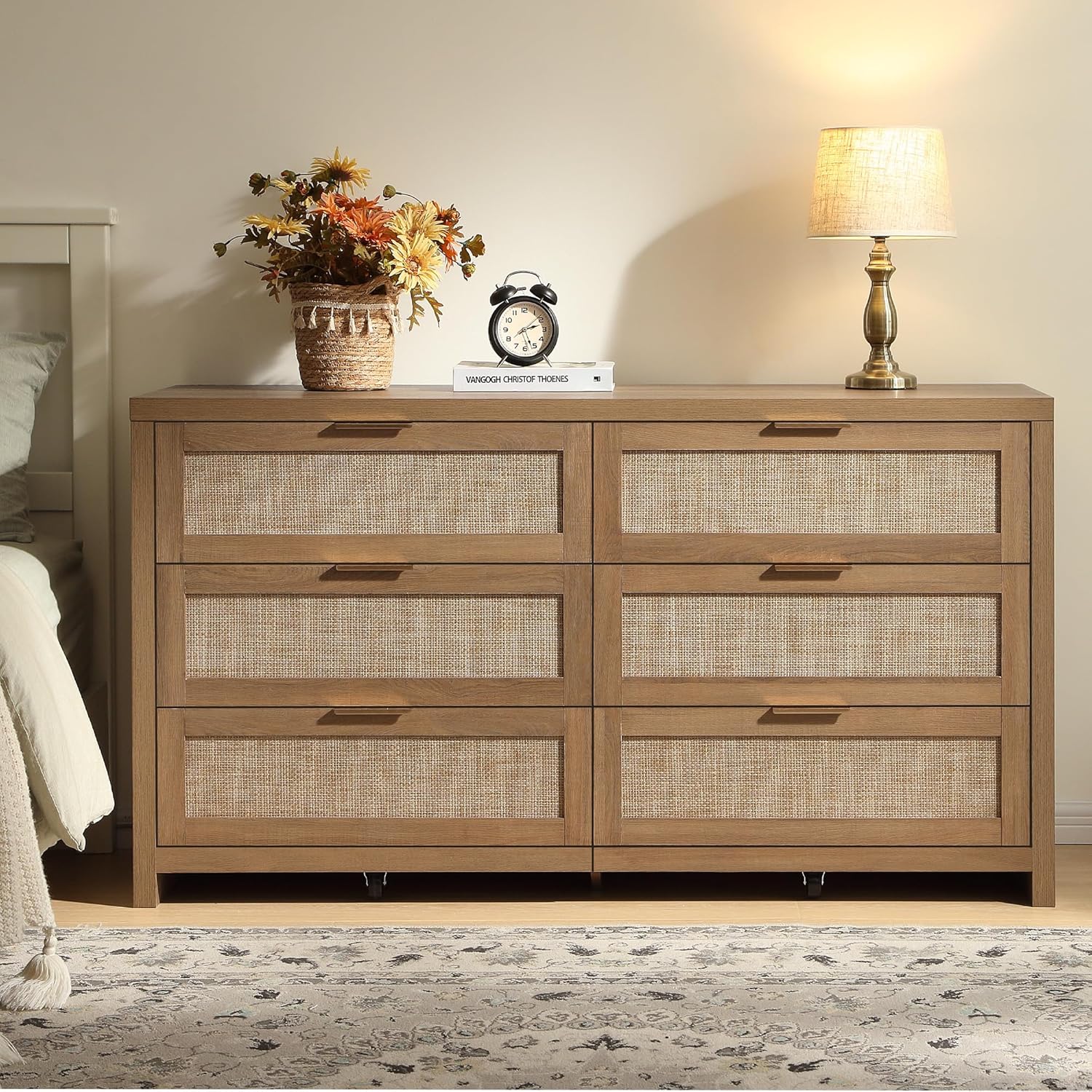 SICOTAS Rattan Dressers for Bedroom Set 2, Large 6 Drawer Dresser Long Chest of Drawers, Dresser Farmhouse TV Stand for Bedroom, Living Room, Nursery, Closet (Reclaimed Caramel Oak, 2 Pieces)