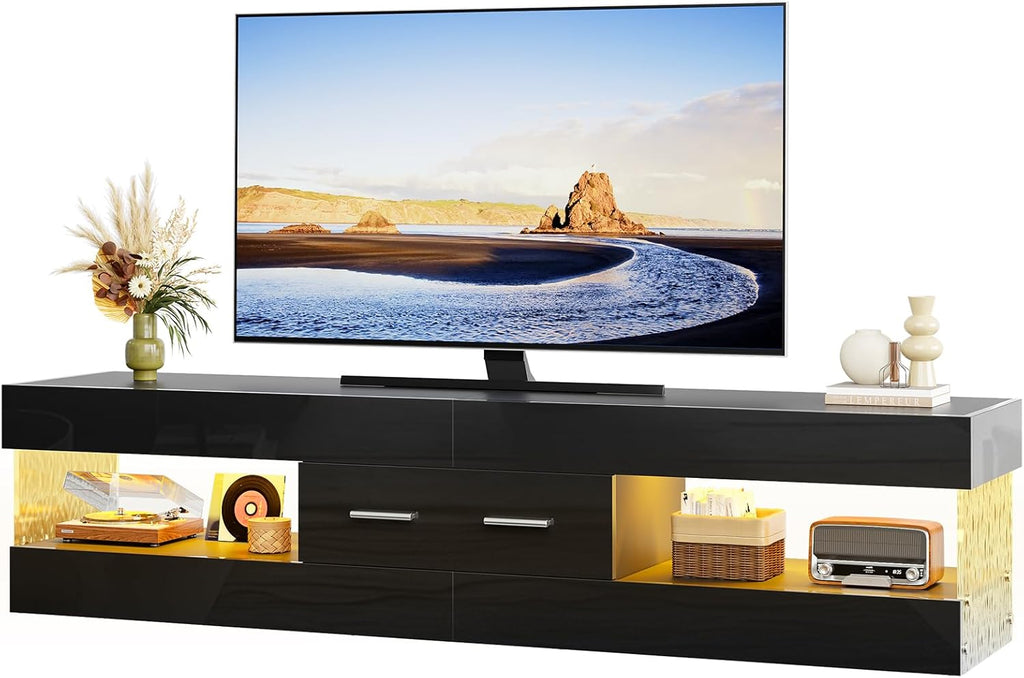 Bestier 67" Modern TV Stand for TVs 55 to 75 Inch, High Gloss LED Entertainment Center with Stone-Patterned Doors, TV Console with Drawer & Storage for Living Room, Black