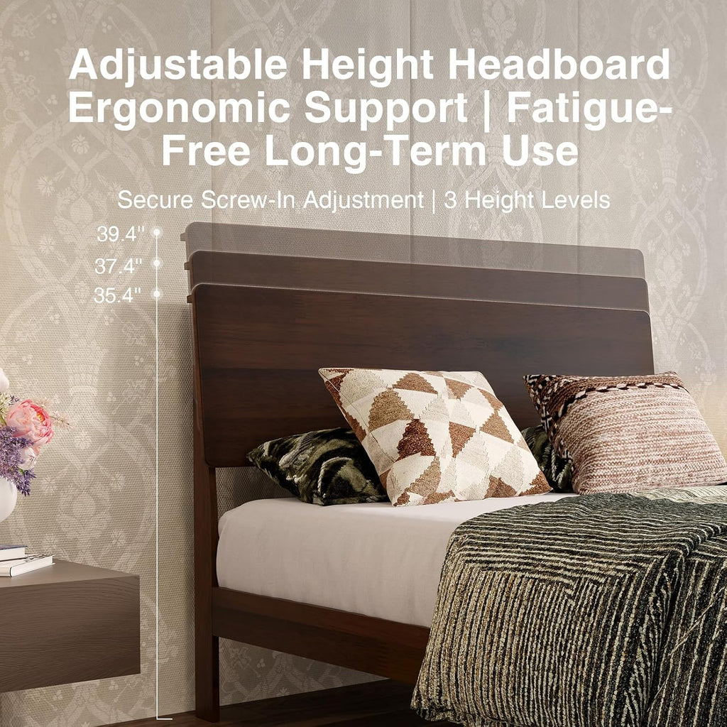 Novilla Queen Bed Frame with 3-Level Adjustable Storage Headboard, Solid Wood Platform Bed Frame with Slats, No Box Spring Needed, Noise Free, Walnut Finish for Master Bedroom and Guest Room