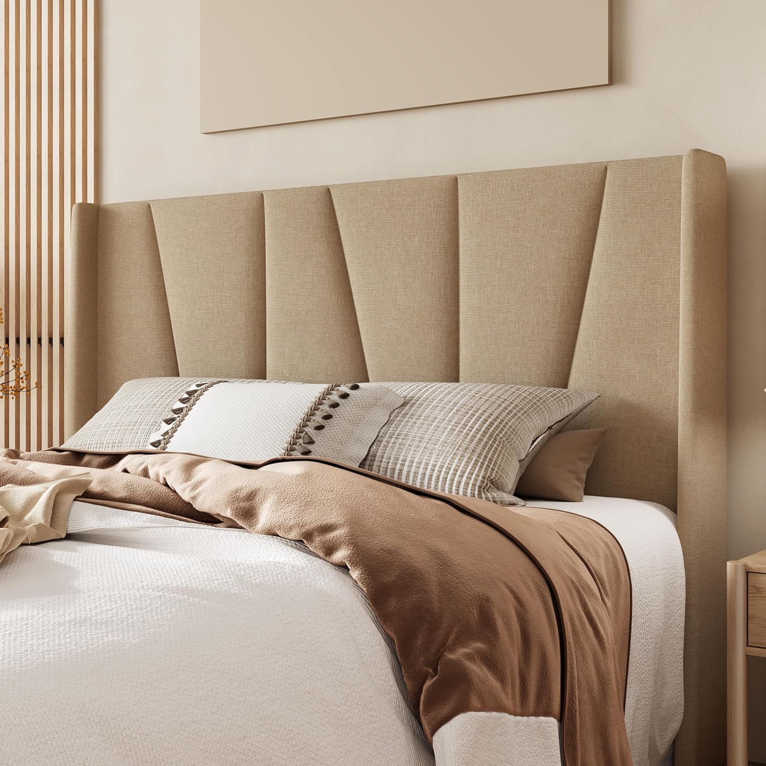 Allewie Queen Size Platform Bed Frame with Geometric Wingback Headboard, Boho Upholstered Bed with Wooden Slats Support, No Box Spring Needed, Easy Assembly, Beige