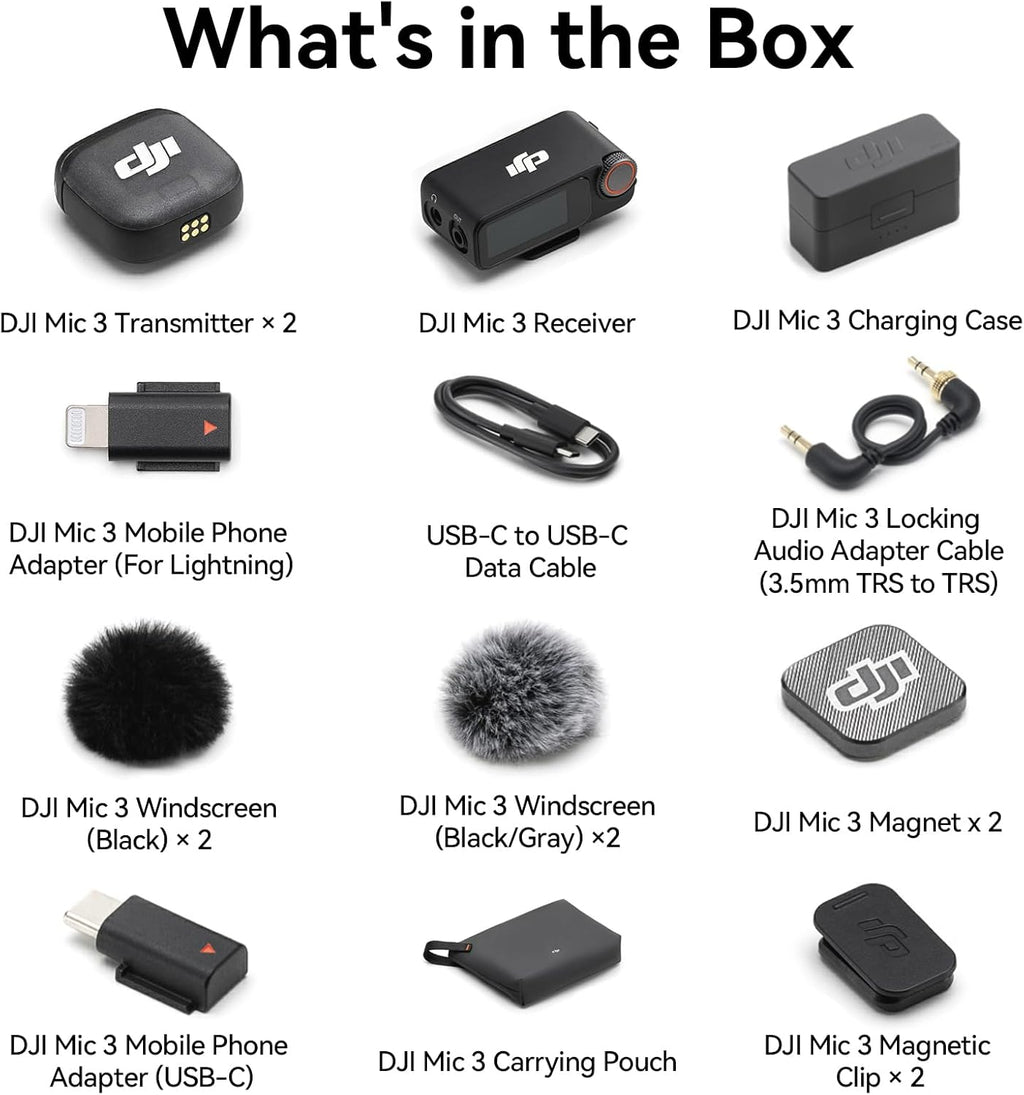 DJI Mic 3 Bundle (2 TX + 1 RX + Charging Case), Wireless Microphone for iPhone/Android/Camera, 32-bit Float Internal Recording, Dual Band Anti-Interference, 28h Use, Available for Lightning Device