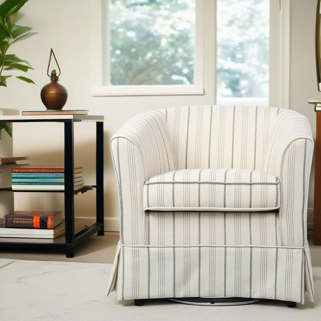 Christopher Knight Home Modern 360-Degree Swivel Accent Chair, Fabric Upholstered Club Chair, Comfy Reading Chair for Living Room, Bedroom Office, Beige/Blue Stripe