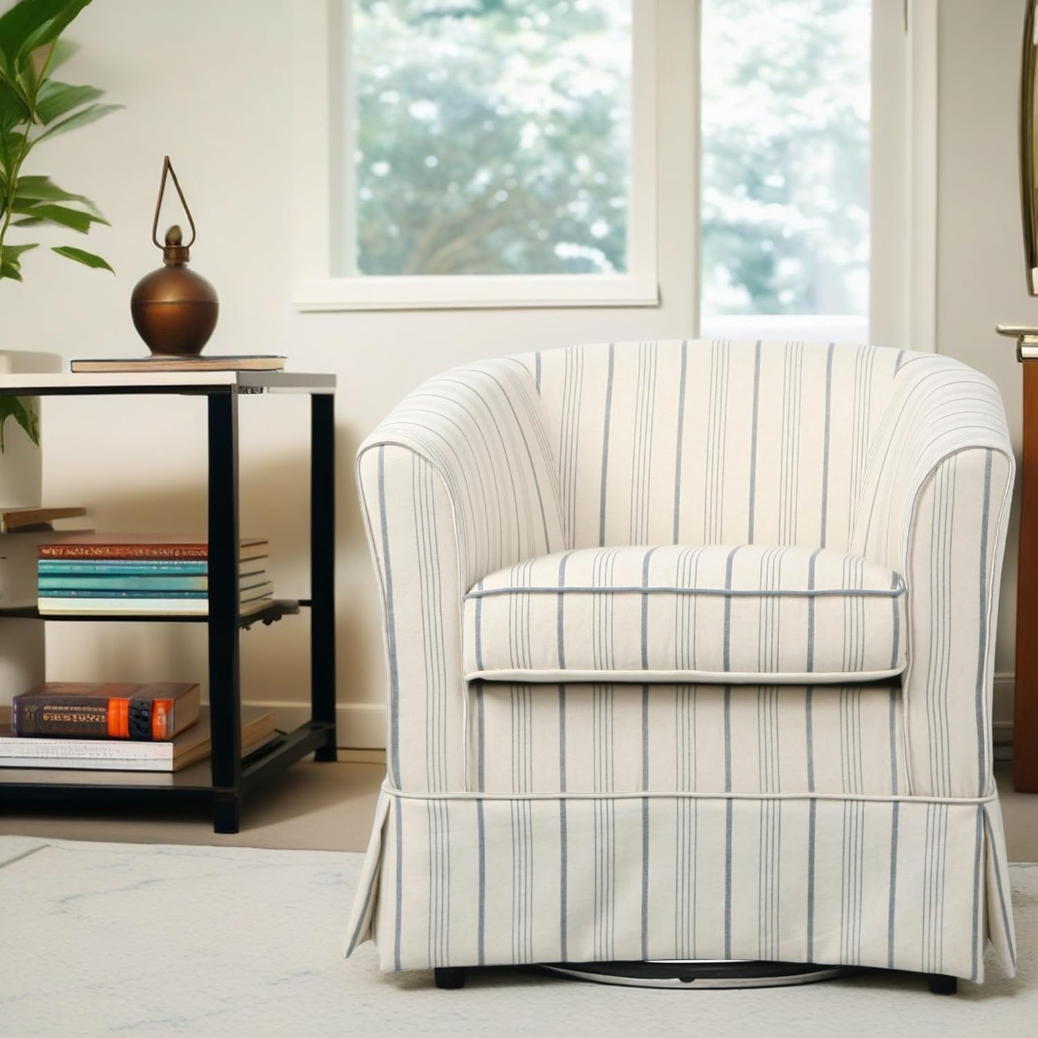 Christopher Knight Home Modern 360-Degree Swivel Accent Chair, Fabric Upholstered Club Chair, Comfy Reading Chair for Living Room, Bedroom Office, Beige/Blue Stripe