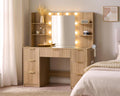 AMERLIFE 47.2" Fluted Vanity Desk with Mirror and Adjustable LED Lights, Large 7 Drawers Makeup Vanity Table with Glass Top and Charging Station for Women and Girls, Bedroom or Dorm, Natural Oak