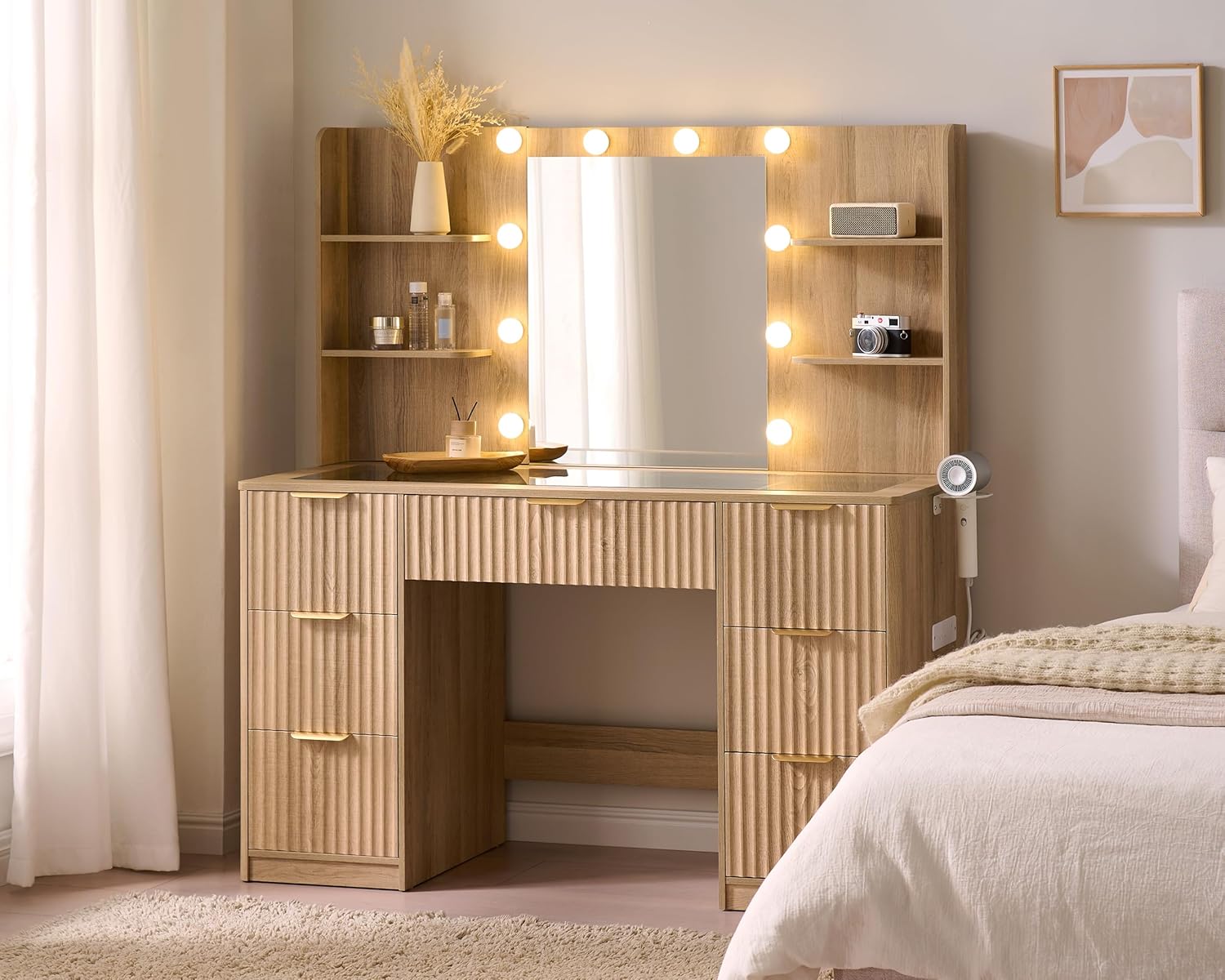 AMERLIFE 47.2" Fluted Vanity Desk with Mirror and Adjustable LED Lights, Large 7 Drawers Makeup Vanity Table with Glass Top and Charging Station for Women and Girls, Bedroom or Dorm, Natural Oak