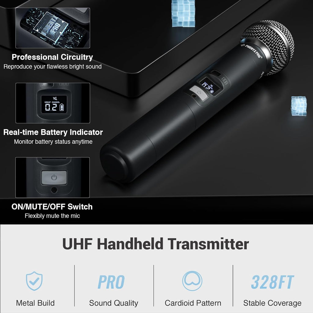 Phenyx Pro Wireless Microphone System, Dual Wireless Mics,w/ 2 Handhelds, Auto Scan,2x100 UHF Frequencies,328ft Range,Dynamic Microphone for Singing, Karaoke, Church(PTU-71-2H)