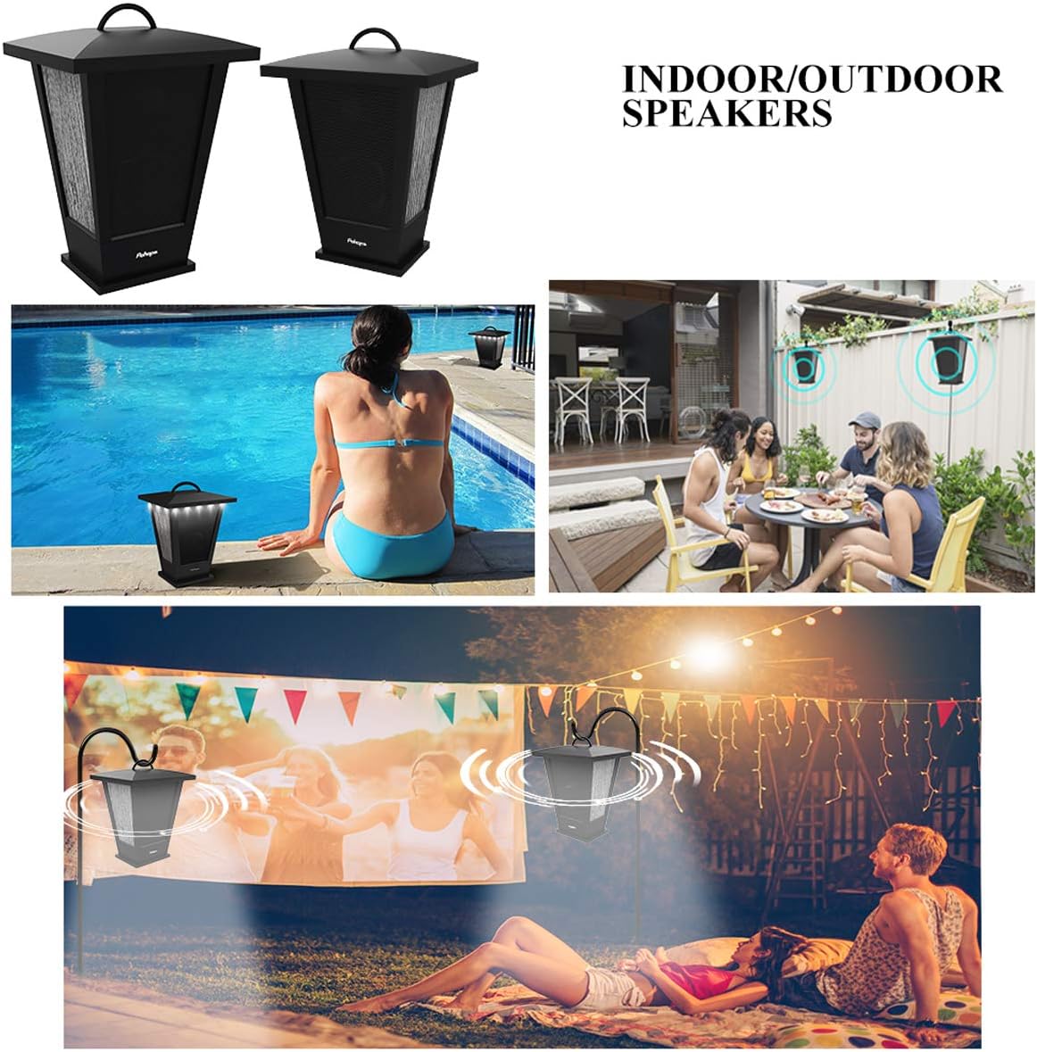 pohopa Bluetooth Speakers Waterproof, 2 Packs True Wireless Stereo Sound 20W Dual Pairing Lantern Outdoor Speakers with 20 Piece Sound Responsive LED Color Lights, Richer Bass, Black