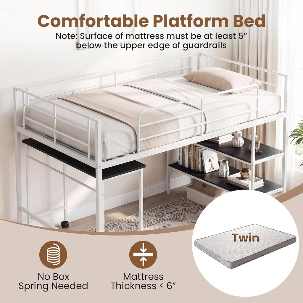 Giantex Low Loft Bed with Desk & Bookshelf, Twin Size Platform Bedframe w/Sturdy Metal Slats, Storage Bookcase & Rolling Desk, Kids Loft Bed for Boys Girls, No Box Spring Needed (White)