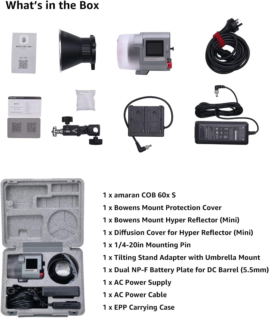 Aputure amaran COB 60xS Video Lighting amaran 60x Upgrade bi-Color Bowens Mount Point-Source LED Studio Light, SSI (D56) of 87, 33,300 lux @ 1m,App Control,9 Lighting FX (amaran 60x S)