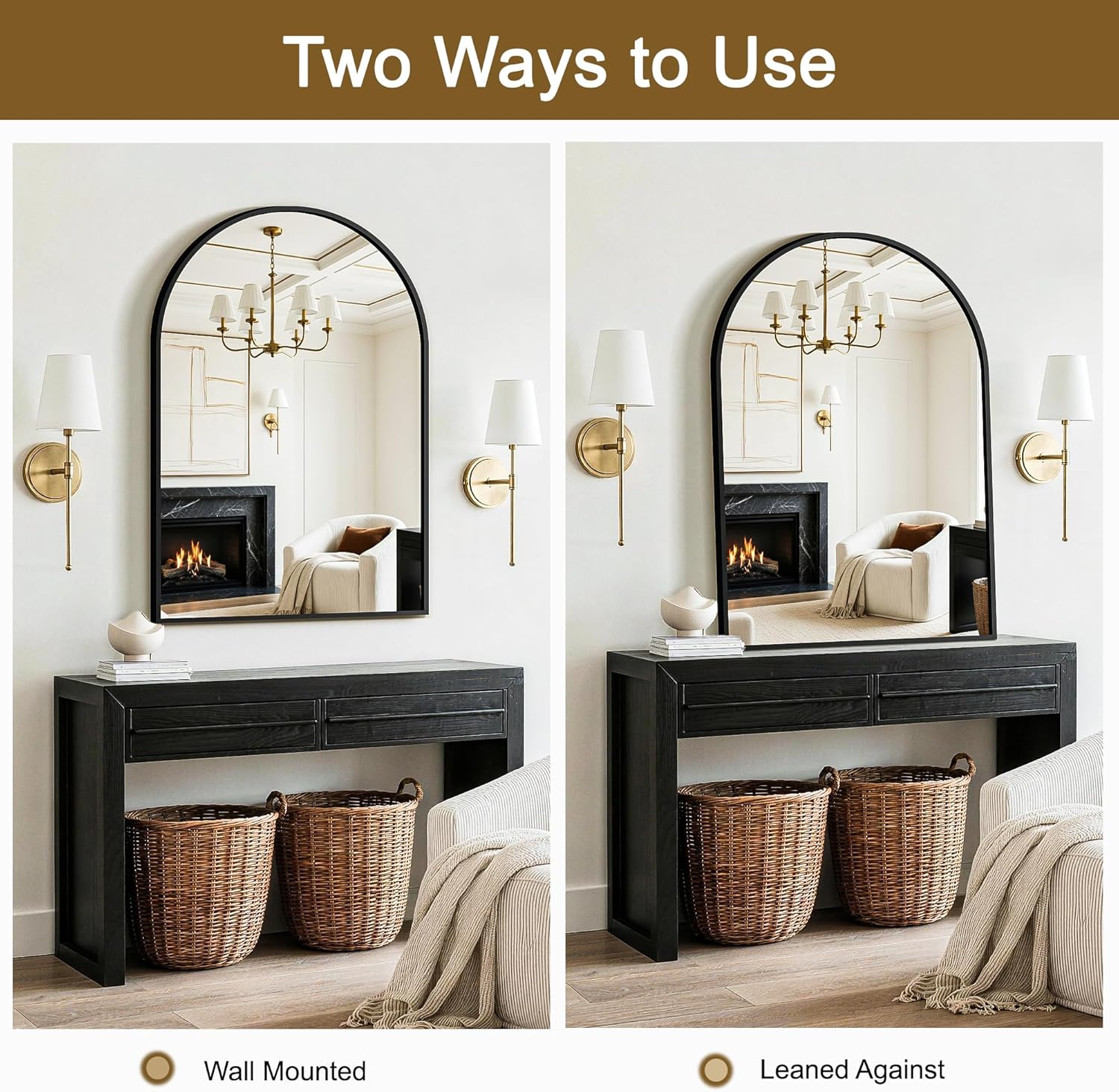 Arched Bathroom Mirror for Wall, 2 Pack 38"x26" Black Vanity Bathroom Mirror for Over Sink with Tempered Glass, Metal Framed Arch Mirror for Bedroom, Living Room, Entryway