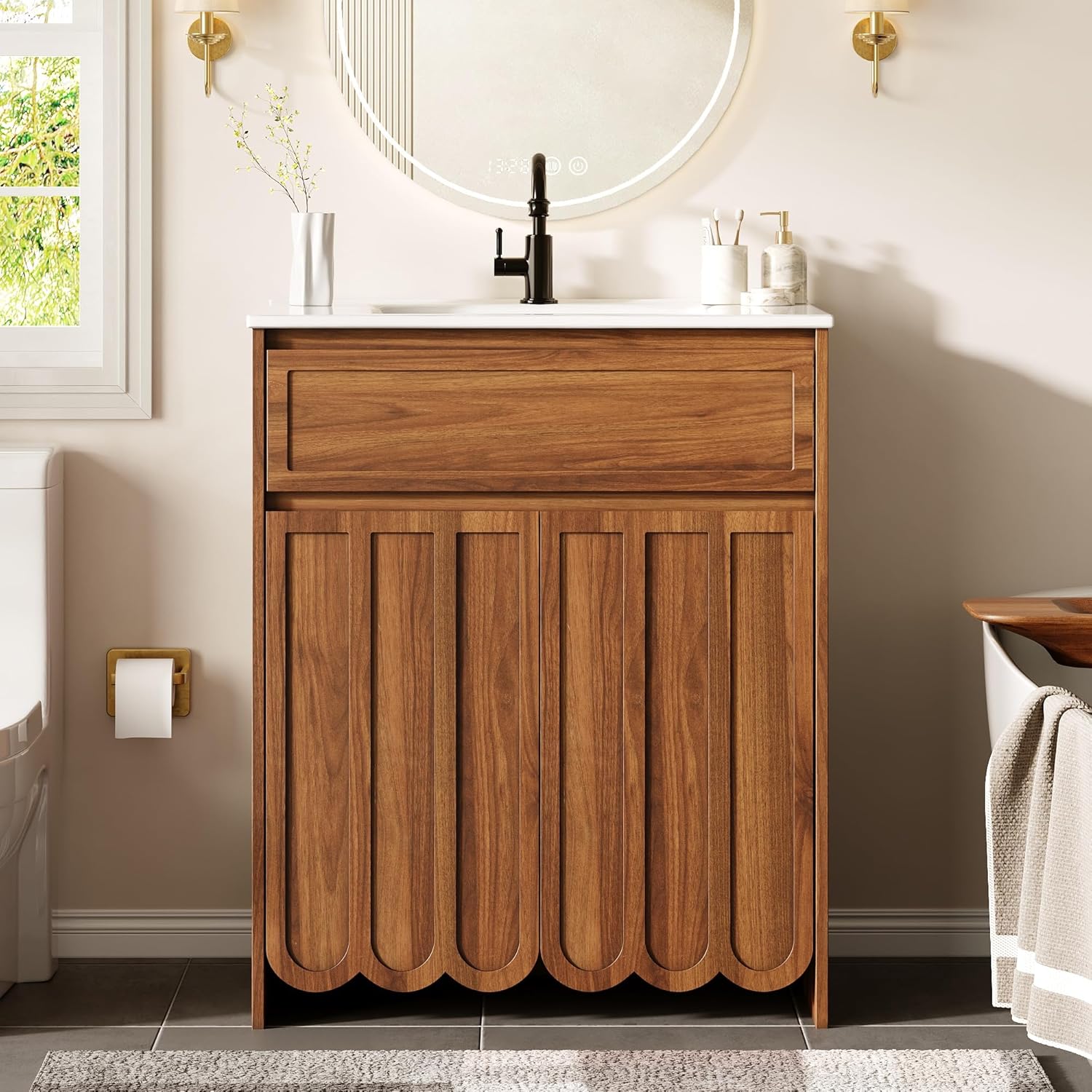 28 inch Bathroom Vanity with Ceramic Sink, Brown Bathroom Sink Vanity Cabinet with Wave Scalloped Door, Tip-Out Drawer & Adjustable Shelf, Single Sink Bath Vanity for Bathroom/Laundry Room, Walnut