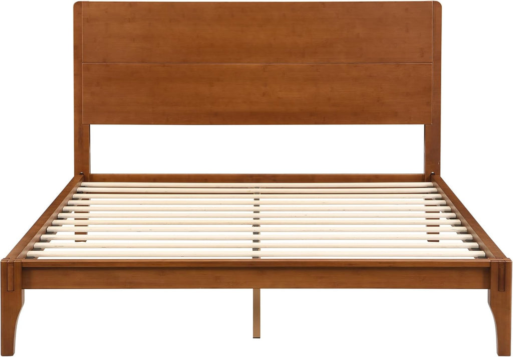 Merax Queen Size Bamboo Platform Bed, Mid-Century Modern Bed Frame with Tall Headboard, Solid Sustainable Bedframe Queen-size, Wood Slat Support, No Box Spring Needed, Easy Assembly, Noise Free, Brown