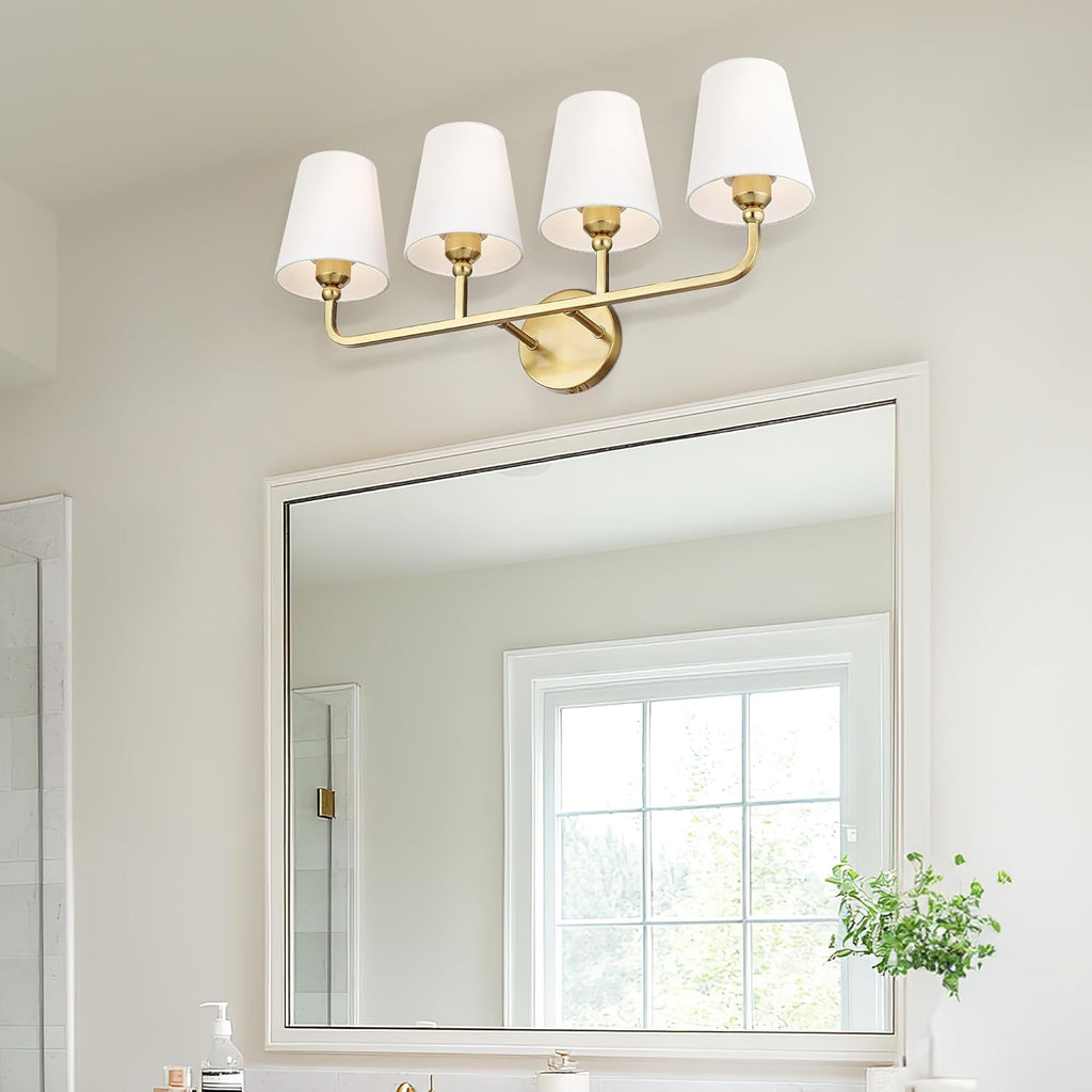 Bathroom Light Fixtures, 4 Light Brushed Gold Vanity Lights with Flared White Fabric Shade, 28 Inch Wall Sconce, Modern Sconces Wall Lighting for Hallway Bedroom, VL837-BG-4
