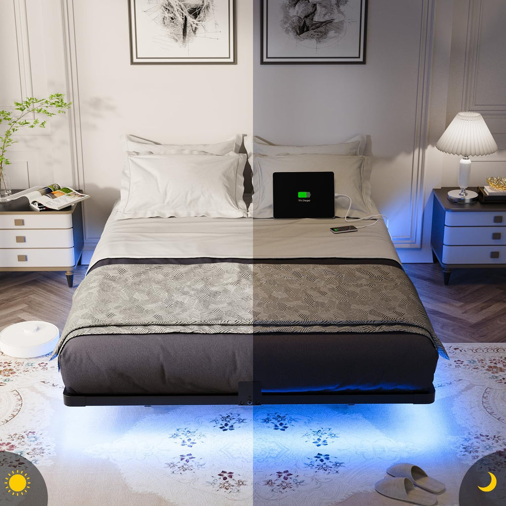 OLEVS Floating Bed Frame Full Size with Smart LED Lights and Charging Station - Modern Metal Platform Bed, Easy Assembly No Box Spring Needed