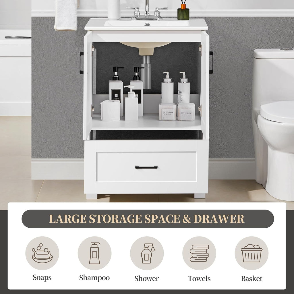 Yaheetech 24.5" Modern Bathroom Vanity with Ceramic Basin, Undermount Vanity Sink Cabinet with 2 Doors and 1 Drawer, Free Standing Bathroom Storage Cabinet with Sink Combo Set, White