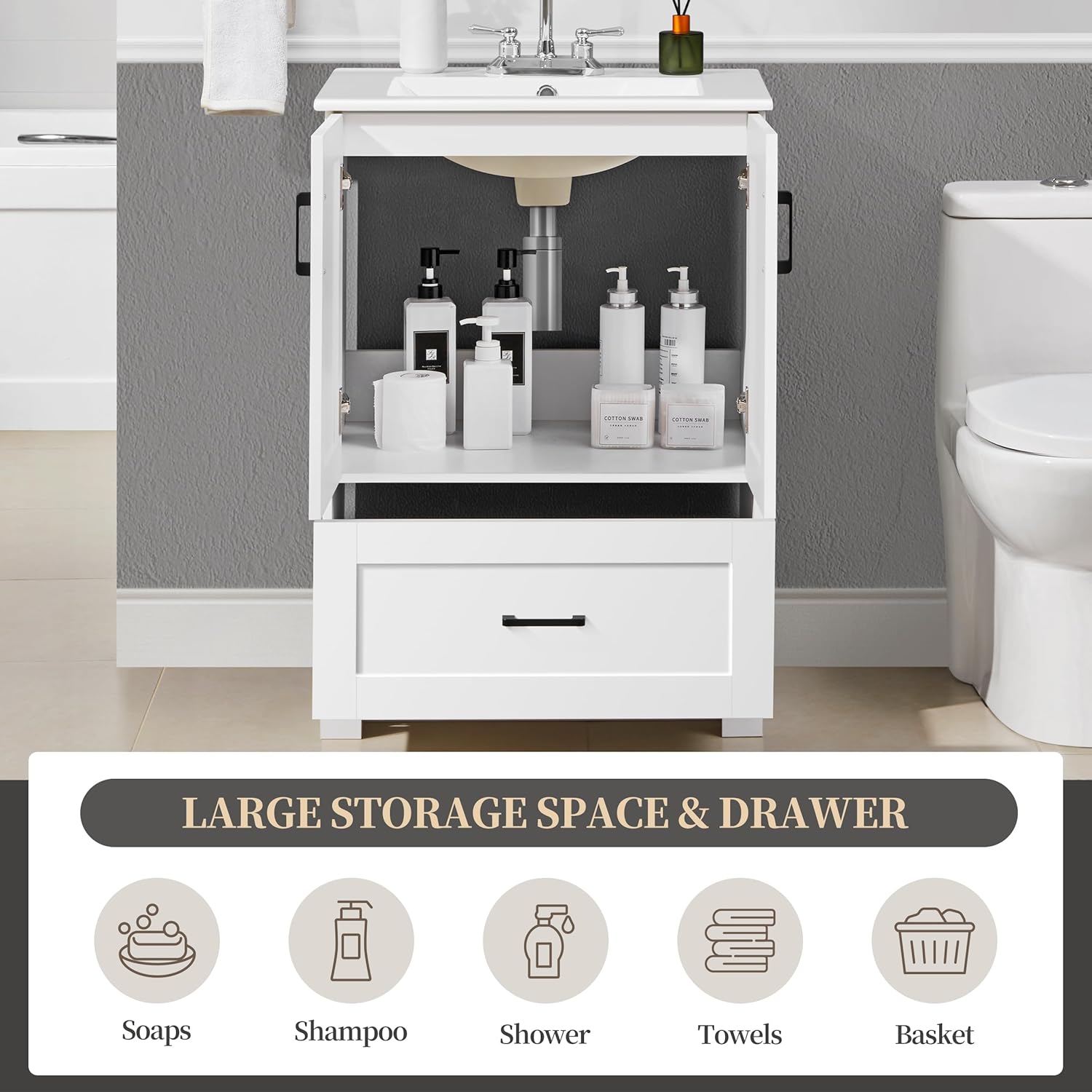 Yaheetech 24.5" Modern Bathroom Vanity with Ceramic Basin, Undermount Vanity Sink Cabinet with 2 Doors and 1 Drawer, Free Standing Bathroom Storage Cabinet with Sink Combo Set, White
