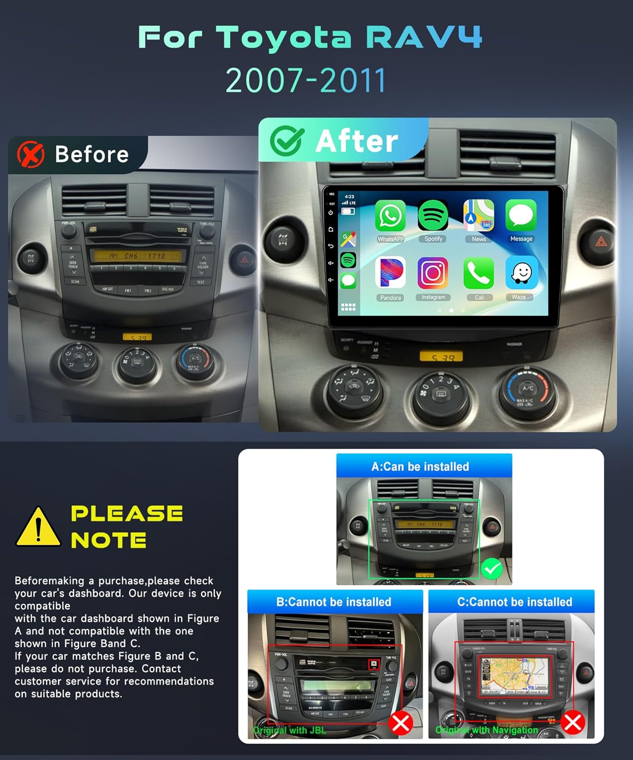 5/6GWiFi 8Core Qualcomm 4G+64G,Radio for Toyota RAV4 2007-2011 Radio Android Car Stereo 5.1Bluetooth,Wireless Carplay,DSP Hi-Res,Android Auto,9'' 1280P IPS Touch Screen,Cooling Fan,GPS,FM/RDS,Camera