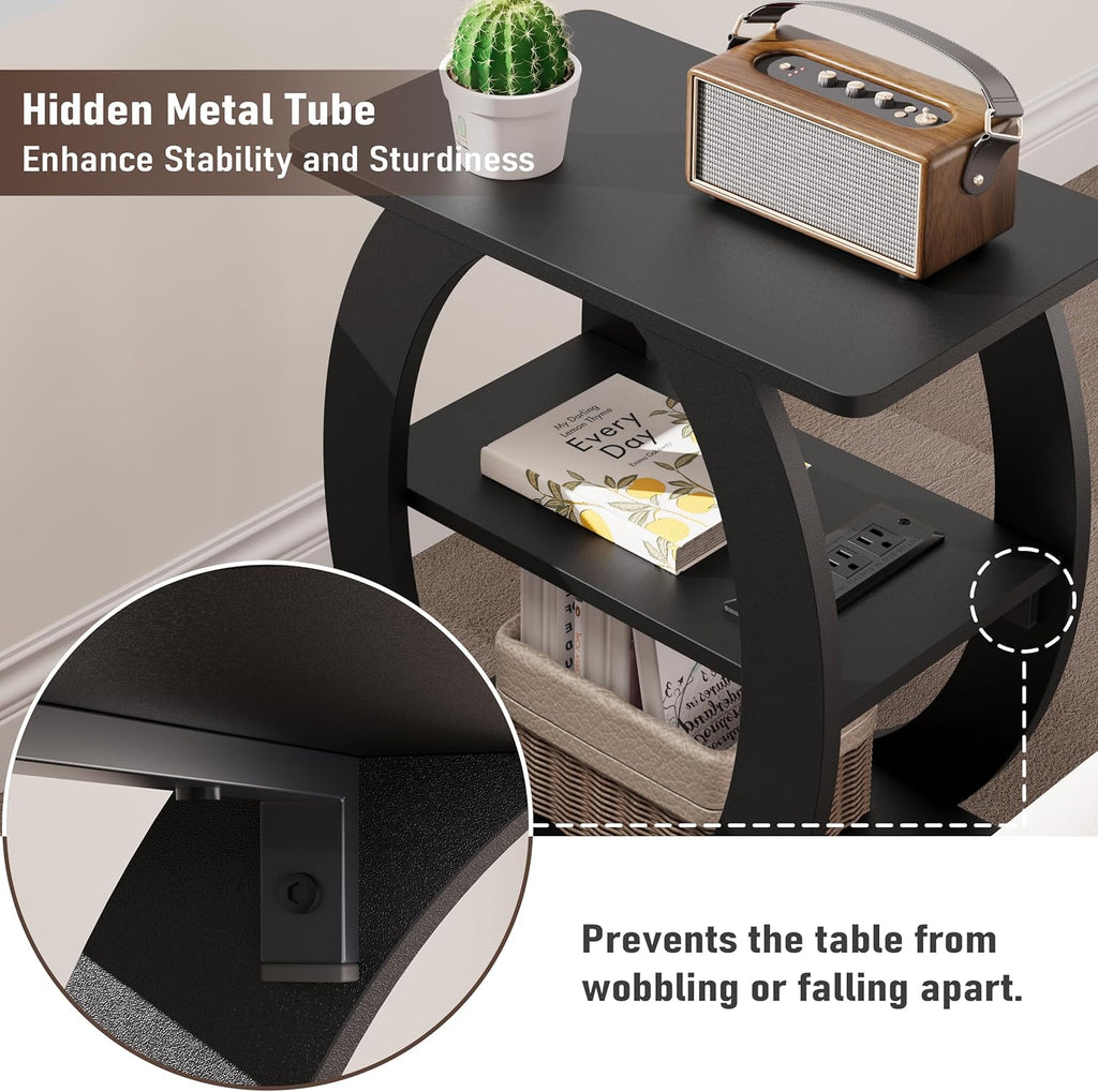 End Table Set of 2 with Charging Station, Black Side Table with USB Ports and Outlets for Living Room, Wood Nightstand with Large Storage Shelf for Bedroom Sofa Couch, Bedside Table Night Stands