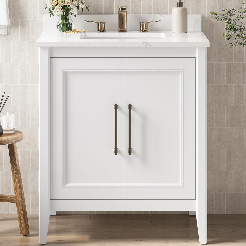 LIKIMIO 30" Bathroom Vanity with Sink, Freestanding Bathroom Vanity with 2 Soft-Close Doors, Engineered Stone Countertop with Undermount Ceramic Sink, Modern Bathroom Vanity, Easy Assembly, White