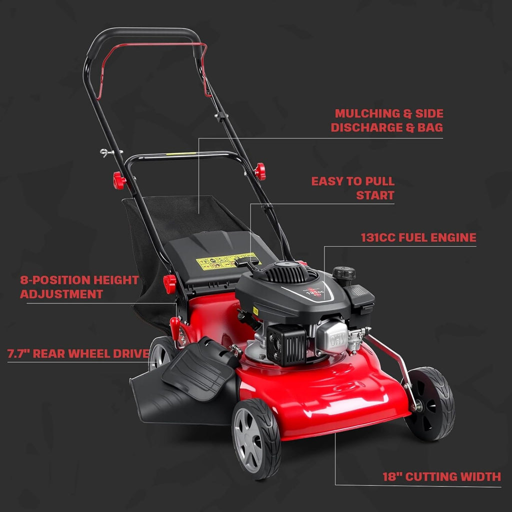 18" Lawn Mowers, 3 in 1 Self-Propelled Cordless Lawn Mower, 131cc Walk-Behind Push Gas Lawn-Mower with 50L Grass Bag, Heavy-Duty Gas Powered Lawnmower for Gardening Care Lawns Maintenance Yard Trimme