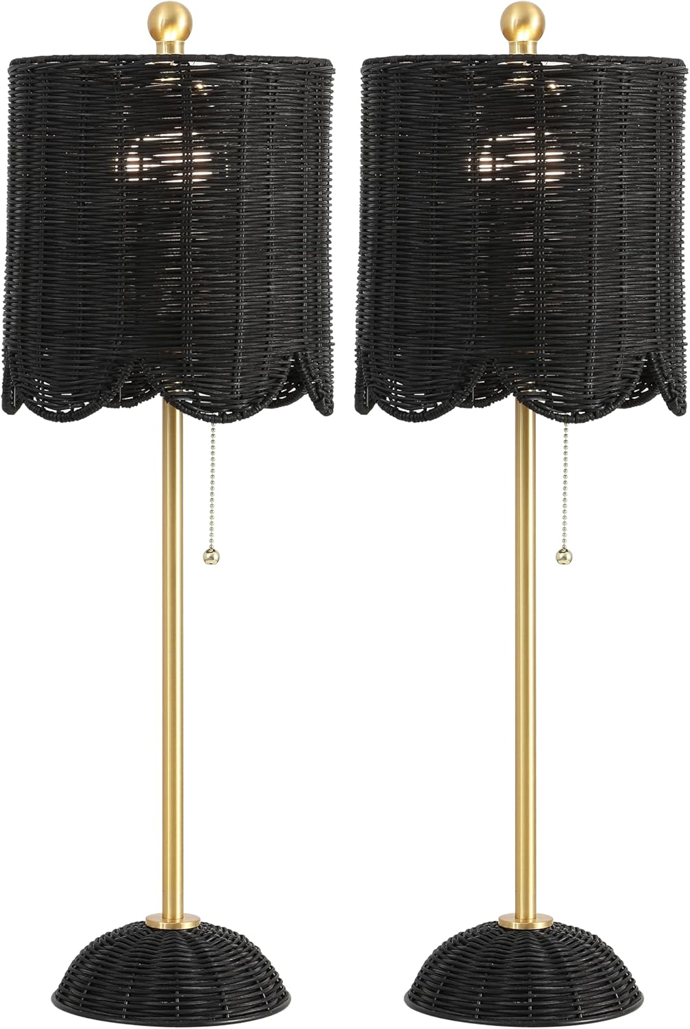JONATHAN Y 27.5" Black/Brass Gold Coastal Buffet Table Lamp Set of 2 for Bedroom, Boho Table Lamps with Natural Rattan Scalloped Shade, Pull Chain, LED Bulbs Included (JYL1138C-SET2)