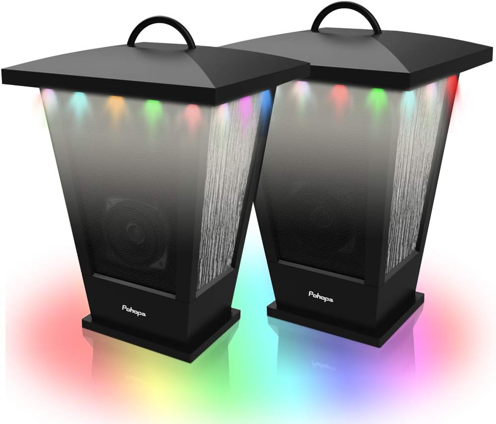 pohopa Bluetooth Speakers Waterproof, 2 Packs True Wireless Stereo Sound 20W Dual Pairing Lantern Outdoor Speakers with 20 Piece Sound Responsive LED Color Lights, Richer Bass, Black