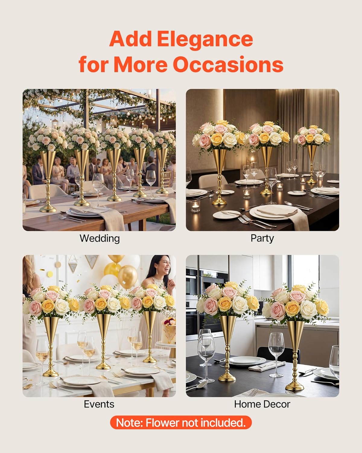VEVOR 20 PCS Wedding Flower Vase, 16.9 in Tall Trumpet Flower Table Centerpieces, Banquet Vases Easy Installation, Electroplated Versatile Arrangement Stand for Party Events Home Decor Reception, Gold