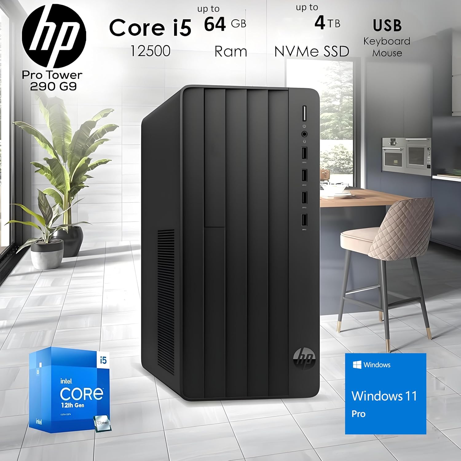 HP Desktop Computer Tower PC - Intel i5-12500T 6-Core, 32GB DDR4 RAM, 1TB PCIe SSD, Windows 11 Home, WiFi, Bluetooth, HDMI, Business Ready with Keyboard Mouse, Jet Black