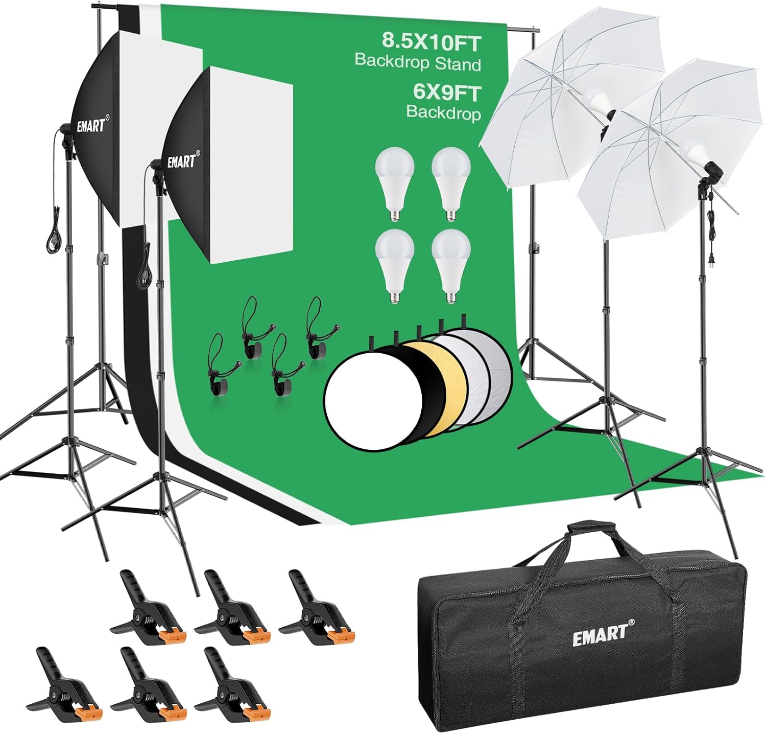 EMART 8.5 x 10 ft Backdrop Support System, Professional Photography Lighting Kit with 5500K 50W LED, 6 * 9ft Backdrop *3, Reflector,Umbrellas&Softbox Lighting Kit for Studio, Portrait, Video Shooting