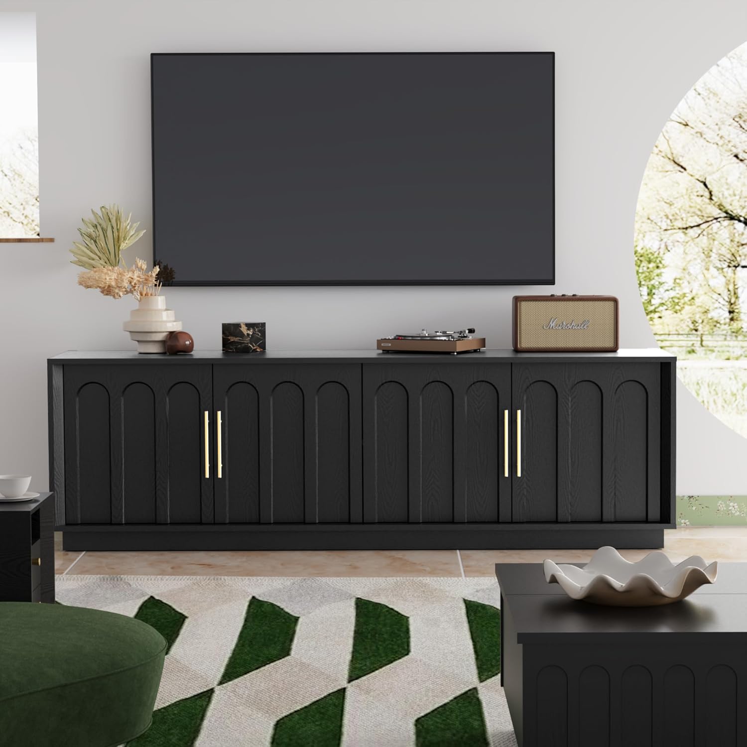 FORTUNETEC TV Stand for 75 Inch TV, 67" Entertainment Center with Arched Design, Minimalist Media Console with Adjustable Shelves, Modern TV Stand for Living Room Bedroom, Black