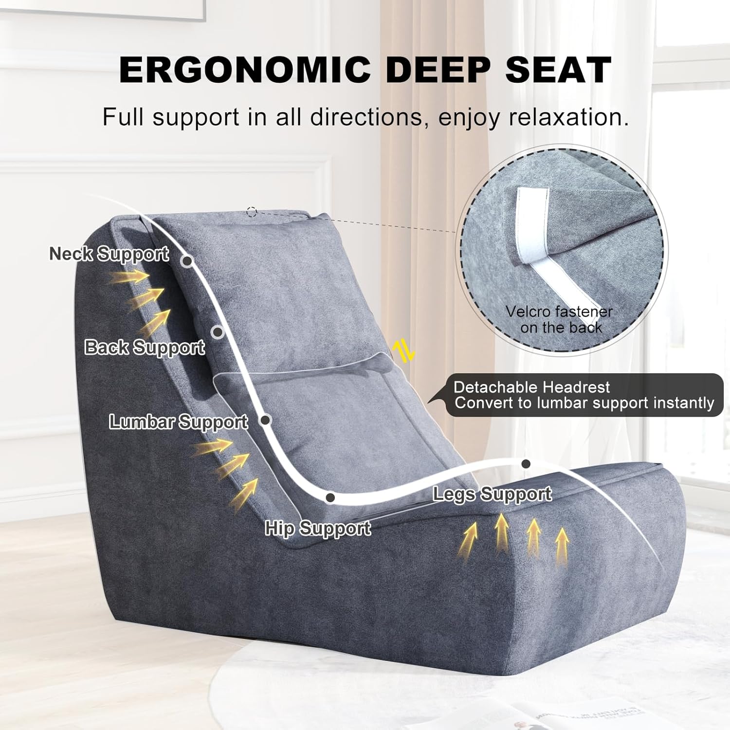 Giant Bean Bag Chair for Adults - Indoor Chaise Lounge with Neck Pillow & Ottoman, All-in-One Sponge Design, Comfy Floor Chair for Reading, Gaming, Napping, and Movies (SlateGray)