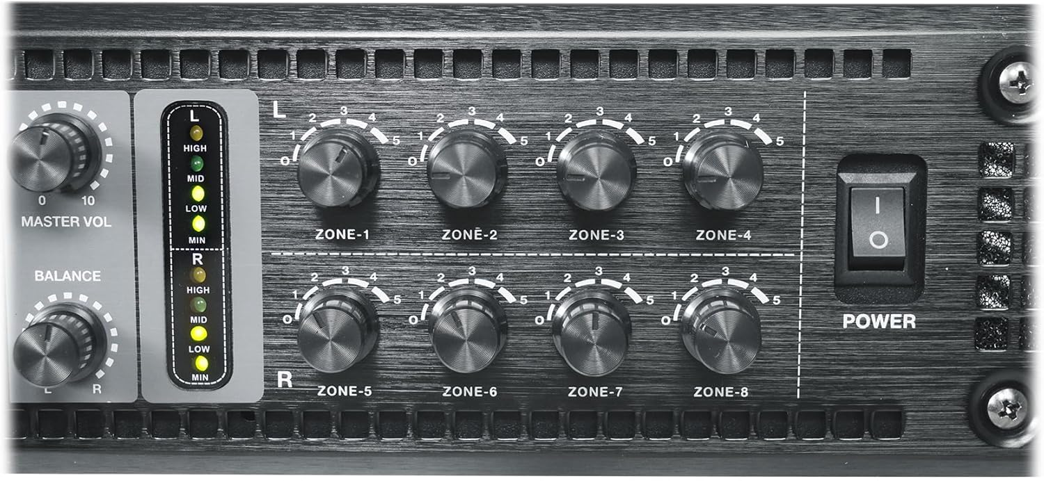 Rockville PRE-70V 8-Zone Stereo Preamp Mixer with Bluetooth, USB/SD/FM, Mic Inputs, Chime, Bass/Treble Control, for 70V Audio Systems