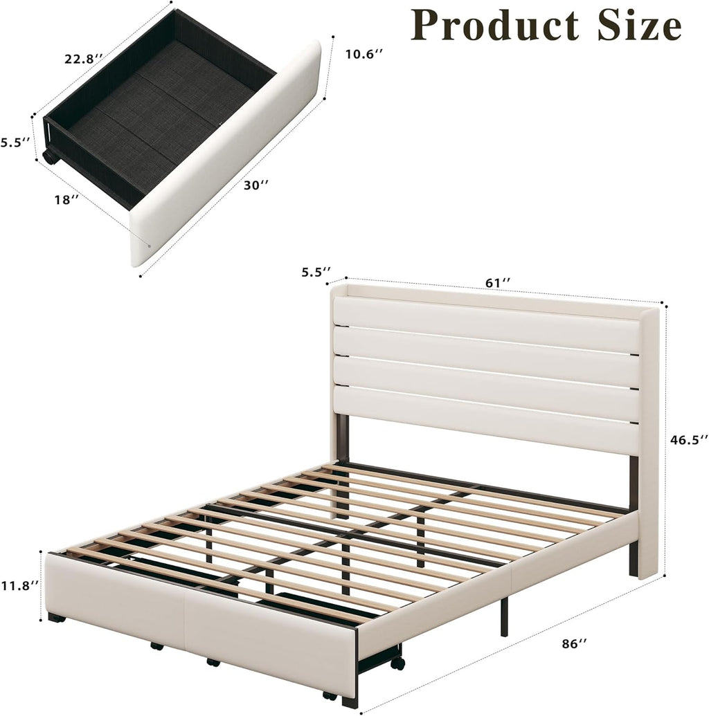 Queen Bed Frame with 2 Storage Drawers, Velvet Upholstered Bed Frame Queen Size Upholstered Headboard with LED Light & Charging Station, Platform Bedframe with Metal Slats, No Box Spring Needed, White