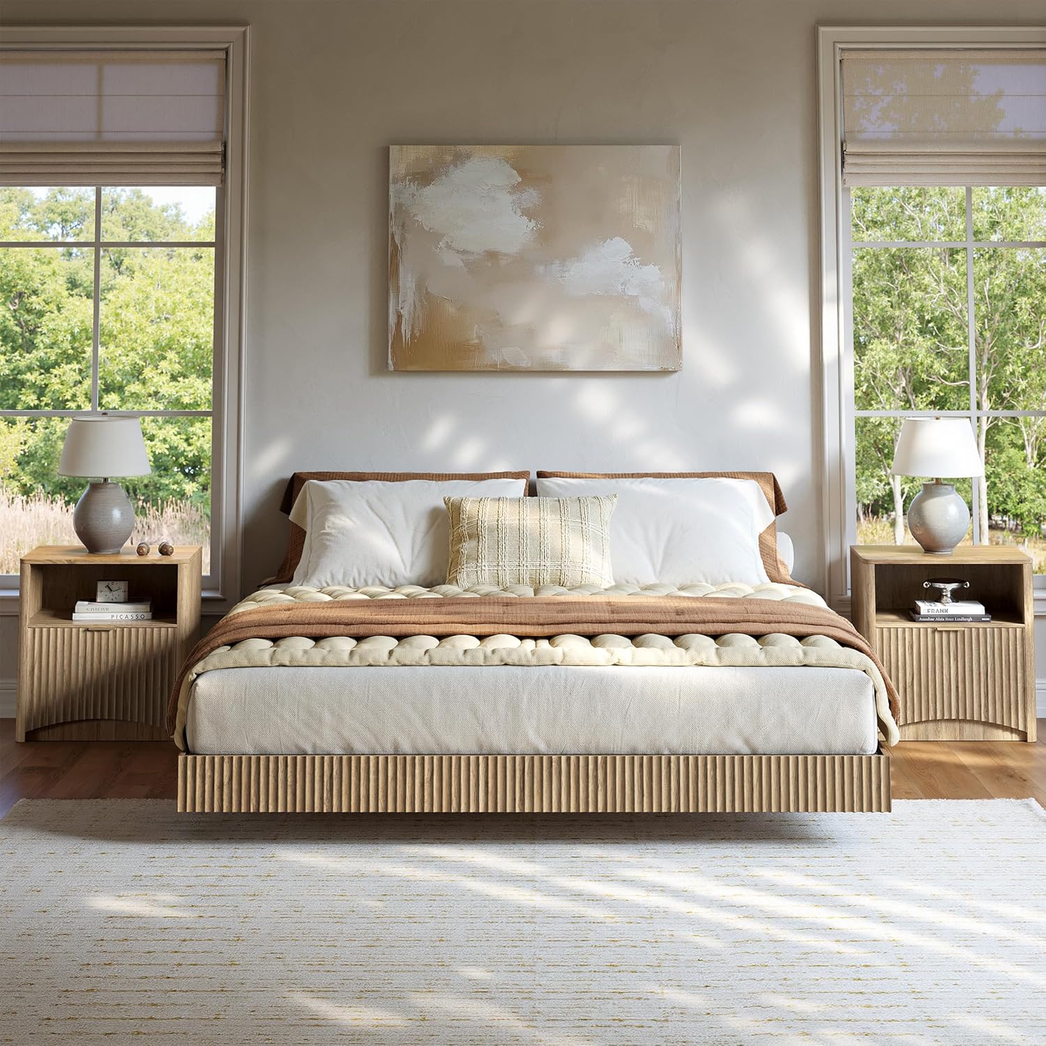 Evermagin Bedroom Furniture Set-Bed with 2 Nightstands, Mid Century Modern Bedroom Set, Floating Bed Frame Led Lights, Fluted Floating Room Furnitures, 3-Piece Room Set (Nbh, Queen)