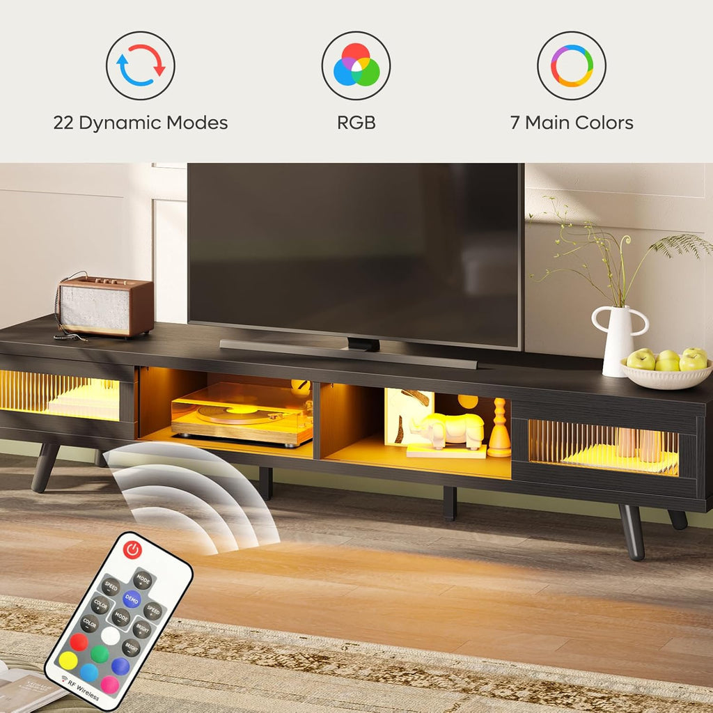 Bestier Mid Century Modern TV Stand for 75 inch TV, LED Entertainment Center with Storage and Sliding Doors, Low Profile TV Consoles for Living Room, Embossed Black