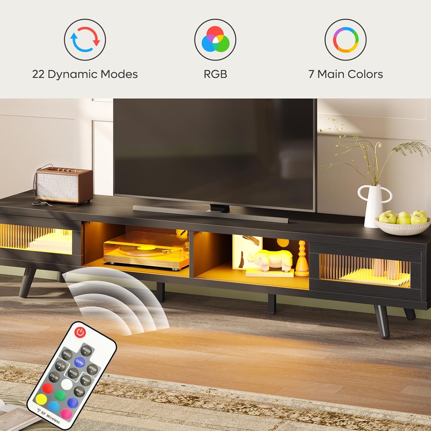 Bestier Mid Century Modern TV Stand for 75 inch TV, LED Entertainment Center with Storage and Sliding Doors, Low Profile TV Consoles for Living Room, Embossed Black