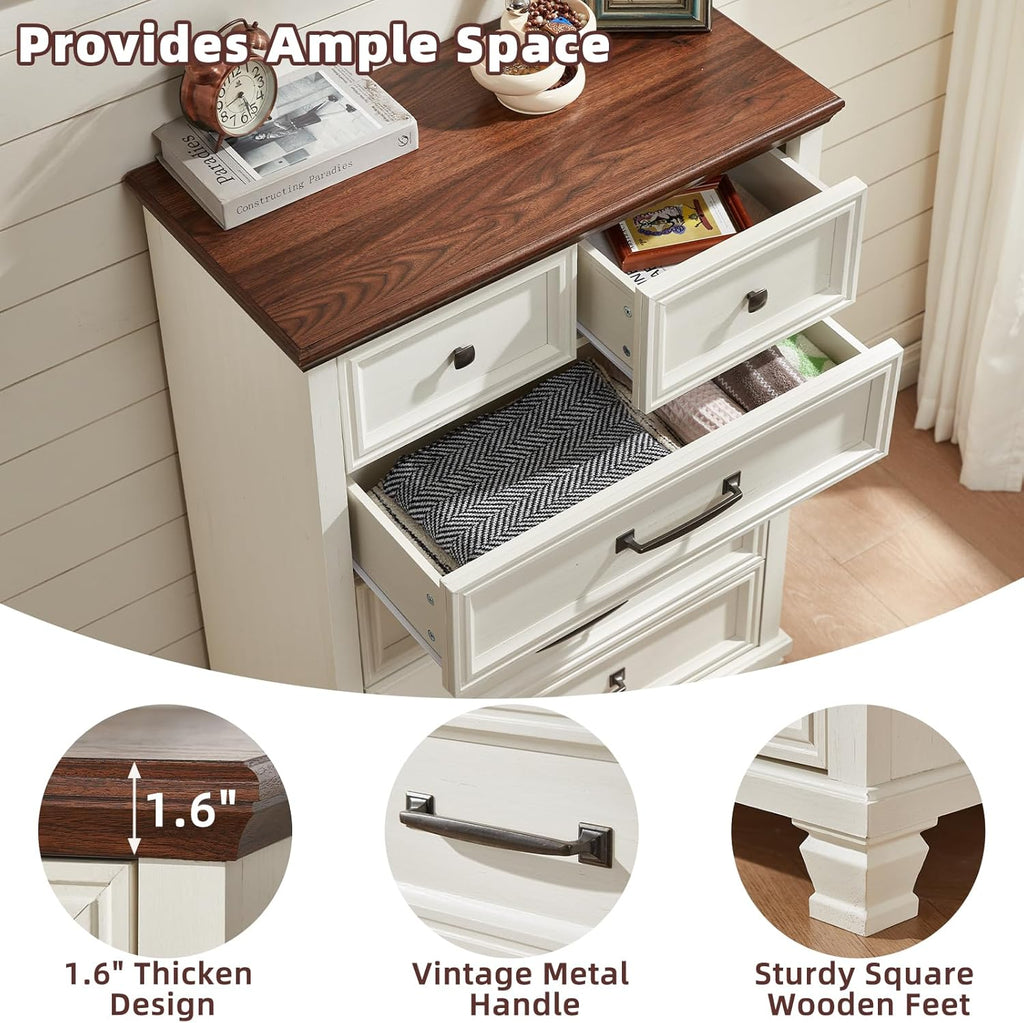 SAVOR LIFE Farmhouse Bedroom Dresser and Nightstand Set of 4, 6 Drawer Tall & Low Dresser & 2 Drawer Nightstand Set, Rustic Wood Furniture Set for Bedroom, Hallway, White