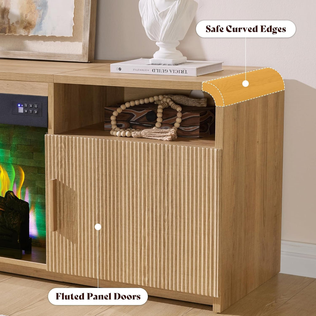 AMERLIFE 70" Fluted Fireplace TV Stand for TVs Up to 80", Modern TV Console with 30" Electric Fireplace & Storage Cabinets, Media Entertainment Center for Living Room, Natural Oak
