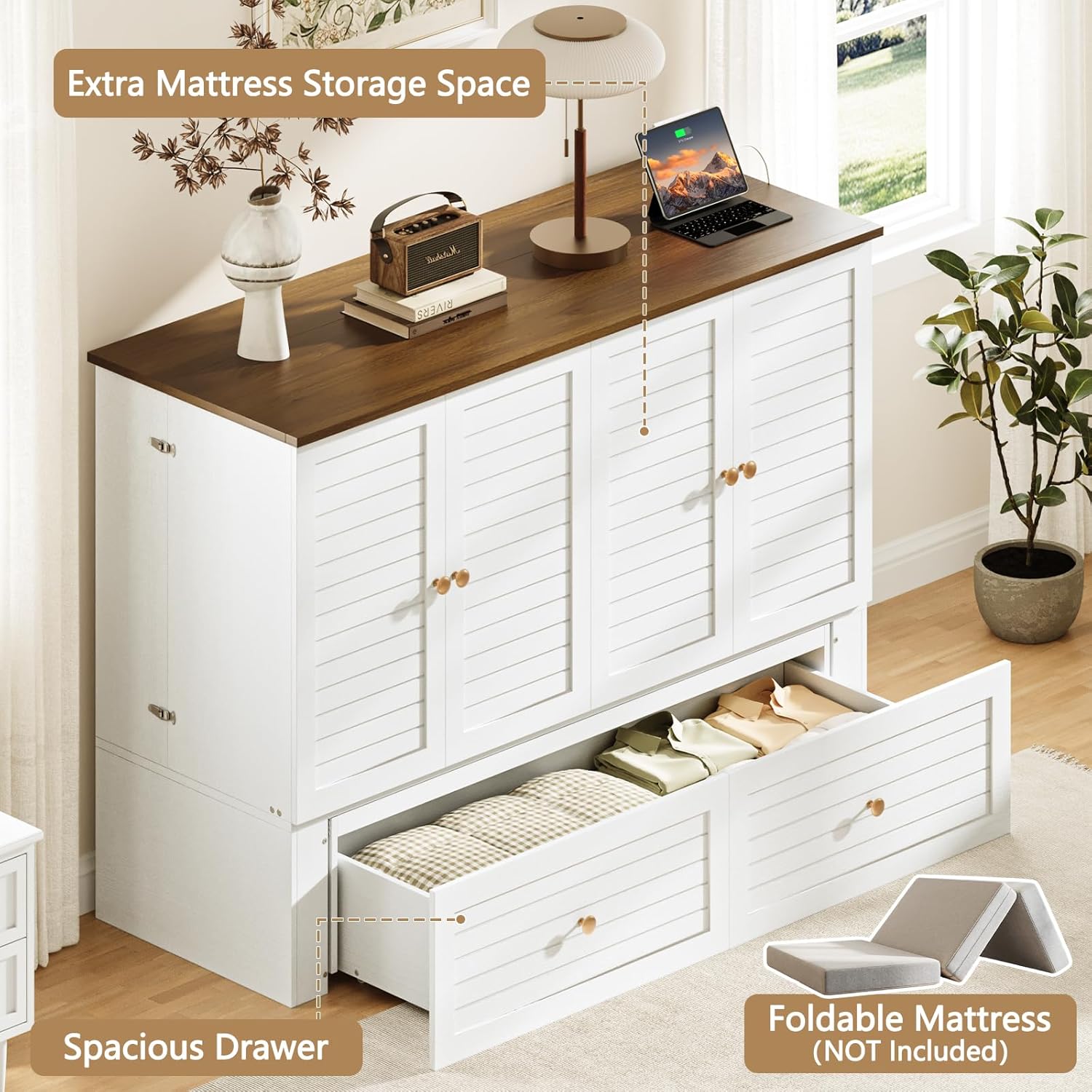 Yoobure Queen Murphy Bed with Charging Station - Modern Queen Bed Frame with Storage, Foldable Platform Cabinet Beds with Drawer, Wood Hideway Bedframe for Guest & Living Room, Bedroom, Office, White