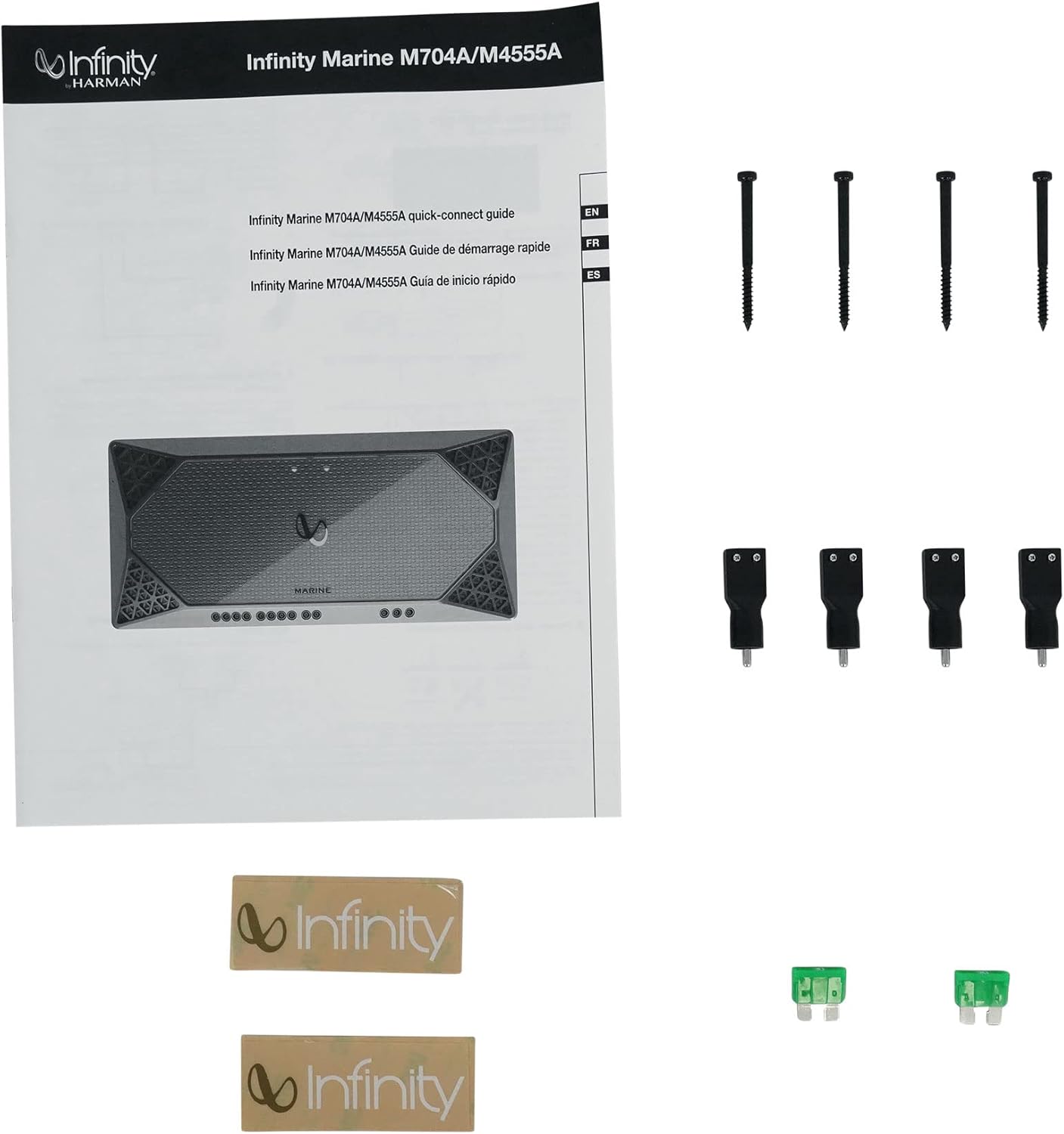 Audiosavings Bundle:(1) Infinity M704A 400w RMS 4 Channel Marine Amplifier Class D Boat Amp Bundle with (1) Rockville RWK42 4 Gauge 4 Chan Car Amp Wiring Installation Wire Kit (2) RCA's (Items 2)