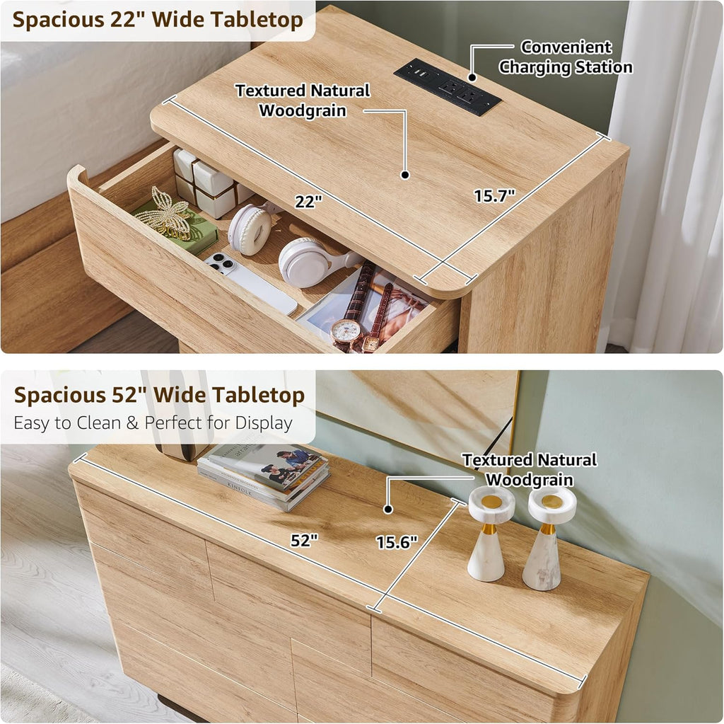 ACCOHOHO 3 Piece Bedroom Furniture Set, 7 Drawer Dresser (52" W) & Two 22" Nightstands, Modern Push-to-Open Drawers, Curved Profile, Dresser and Nightstand Sets for Bedroom, Natural Oak