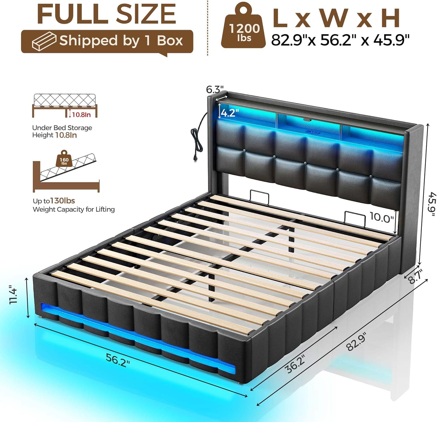 Rolanstar Full Lift Up Bed Frame with Storage, PU Leather Upholstered Headboard with Shelves, RGB LED Lights & Charging Station (USB-C), Wood Slats, Noise-Free, No Box Spring, Black