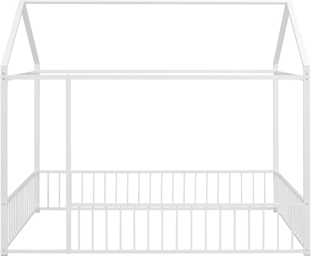 Bellemave Full Size House Floor Montessori Bedframe with Rails and roof, Metal House Bed for Kids, Montessori Floor Beds for Kids White