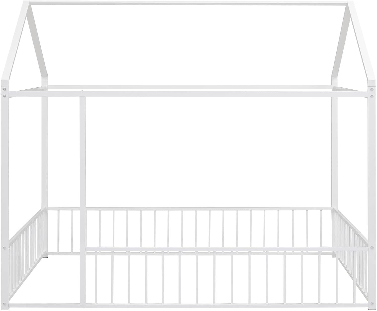 Bellemave Full Size House Floor Montessori Bedframe with Rails and roof, Metal House Bed for Kids, Montessori Floor Beds for Kids White