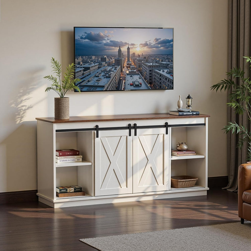 DUMOS TV Stand for 65 Inch TV, Entertainment Center with Storage Shelves, Mid Century Modern Media TV Console Table for Bedroom Living Room, Office Furniture, White