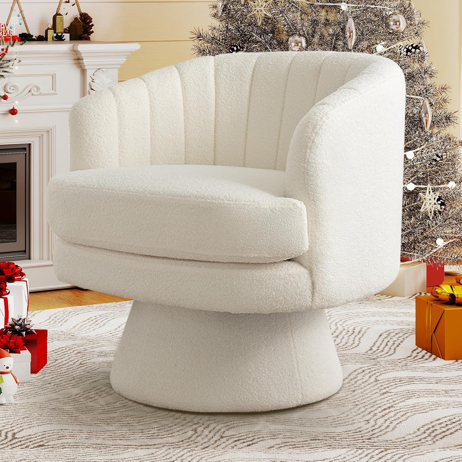 CANMOV Swivel Accent Chair with Armrest, Modern 360 Degree Swivel Barrel Chair with Curve Back and Soft Cushion,Comfy Round Sherpa Teddy Armchair Single Sofa for Living Room,Bedroom,Waiting Room,Beige