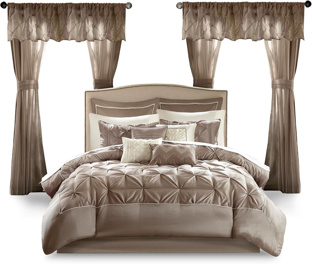 Madison Park Essentials Room in a Bag Faux Silk Comforter Set - Luxe Diamond Tufting All Season Bedding, Matching Curtains, Decorative Pillows, Taupe King(104"x92") 24 Piece
