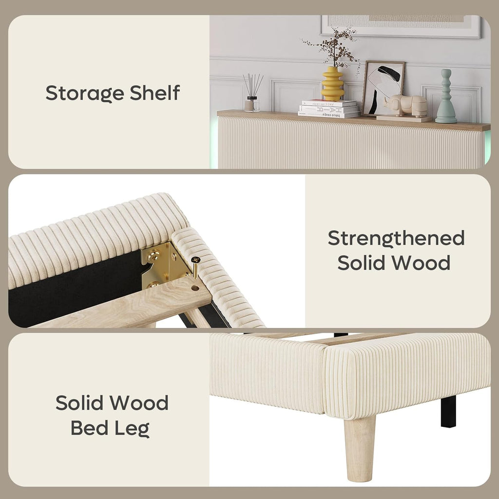 Bestier Queen Bed Frame with Adjustable Headboard & LEDLighting, Corduroy Upholstered Platform Bed Frame withStorage Shelf, Solid Wood Slats, No Box Spring Needed,Never Squeak, Easy Assembly, Beige